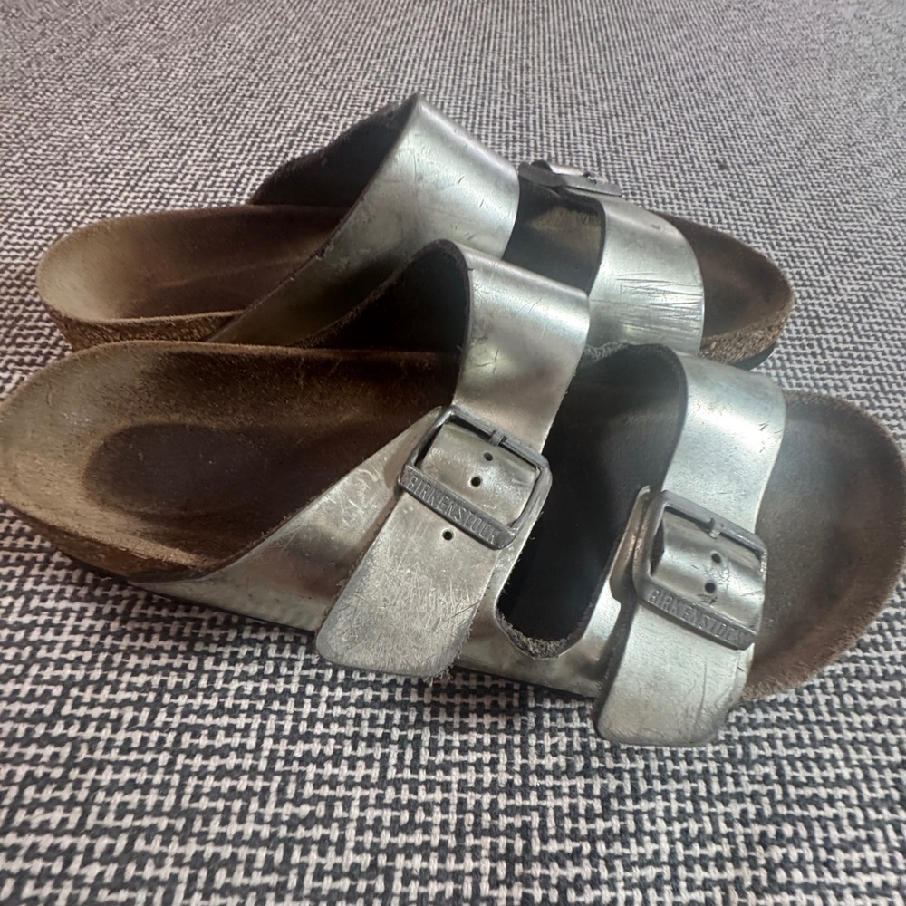Birkenstock Arizona Silver Metallic Double Strap Slide Sandals Womens Size 11